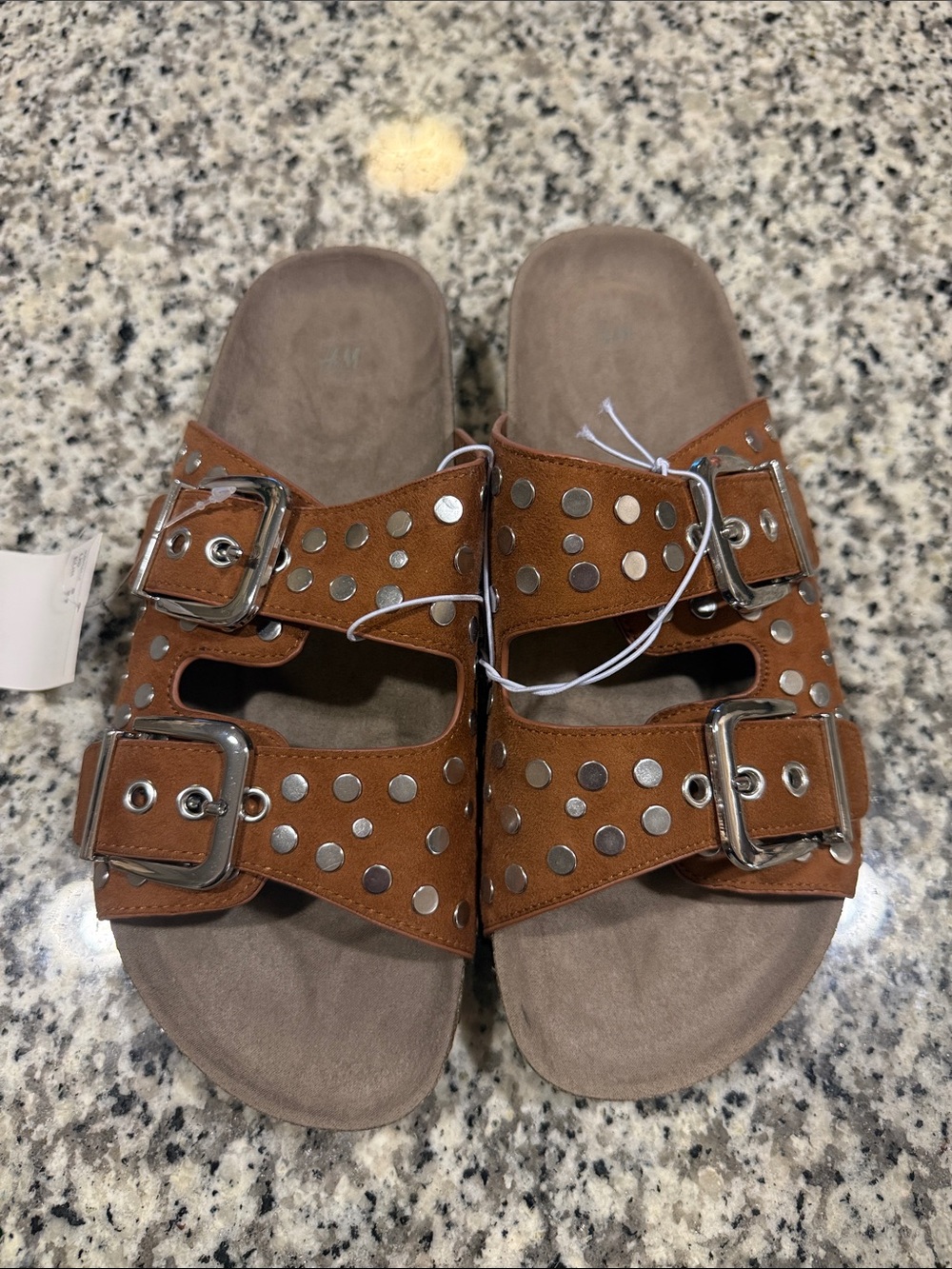 Studded Double Buckle Slide Sandals in Cognac Brown